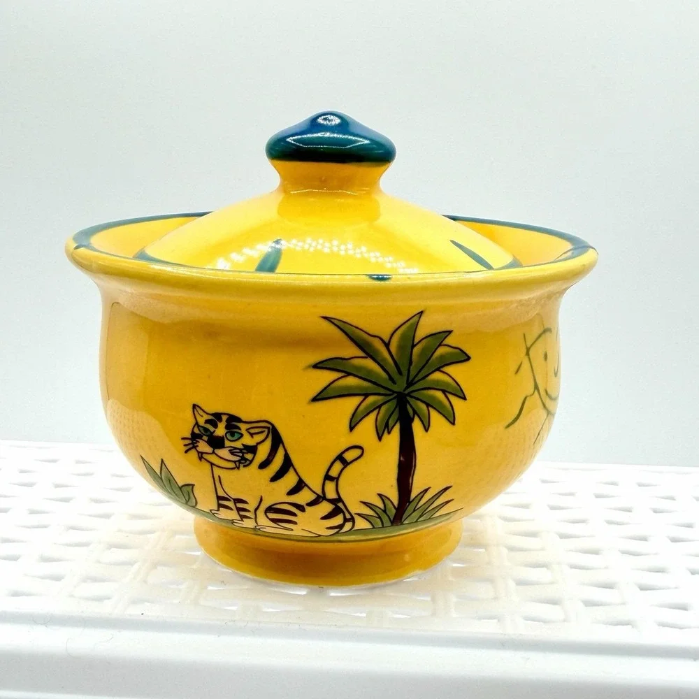 Vintage Pottery Barn Safari Creamer & Sugar Bowl Set Yellow Animals Jungle